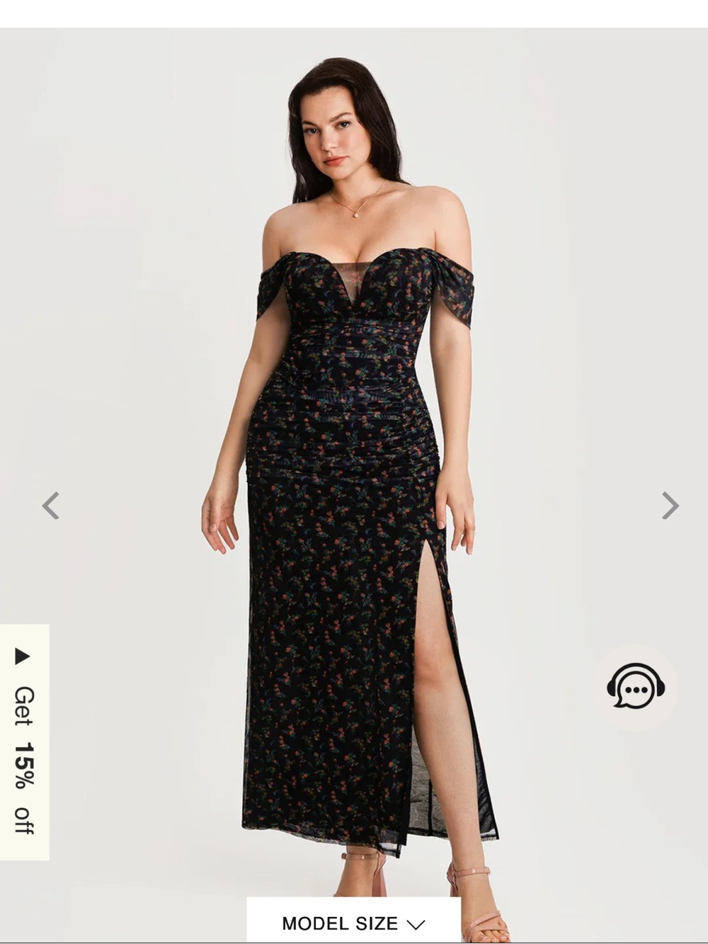 Off-the-Shoulder Black Floral Maxi Dress with Side Slit